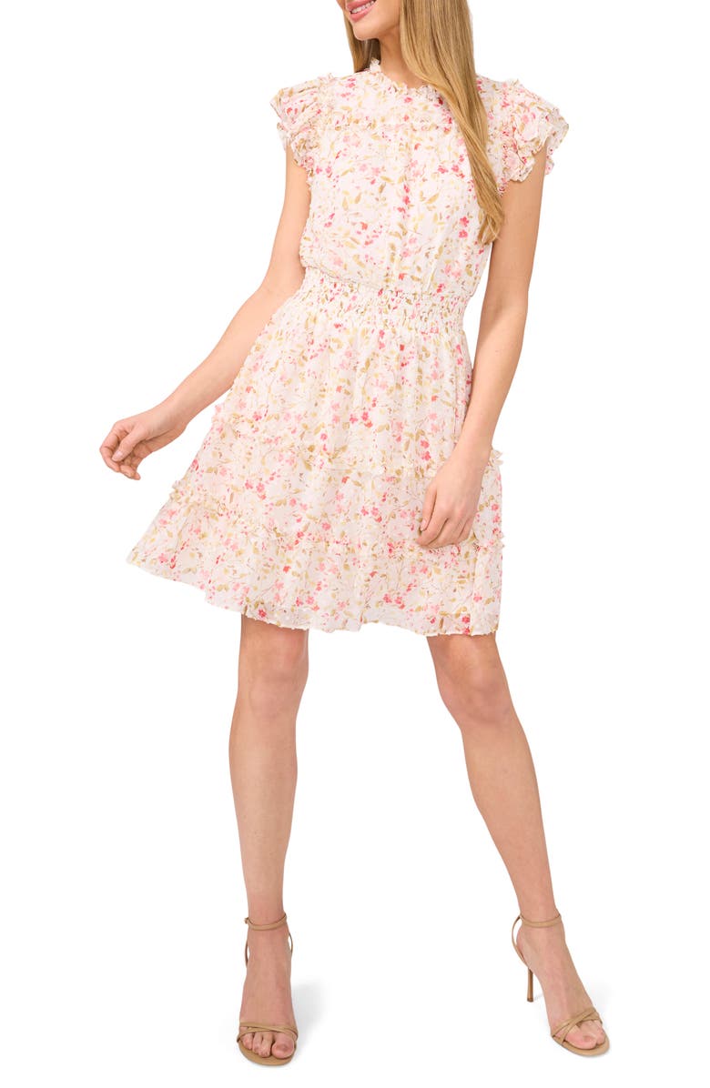 CeCe Floral Smock Waist Dress, Main, color, New Ivory