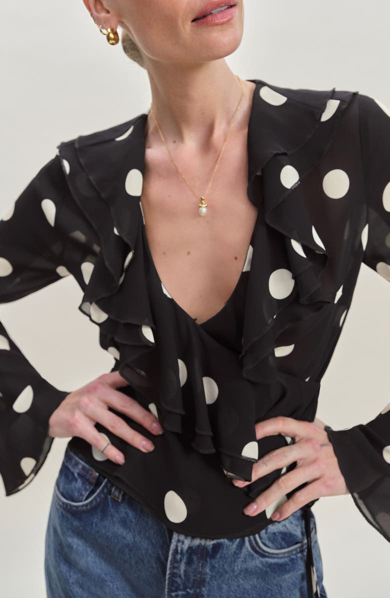 Reformation Kilah Ruffle Neck Polka Dot Wrap Top, Main, color, Moon Dot
