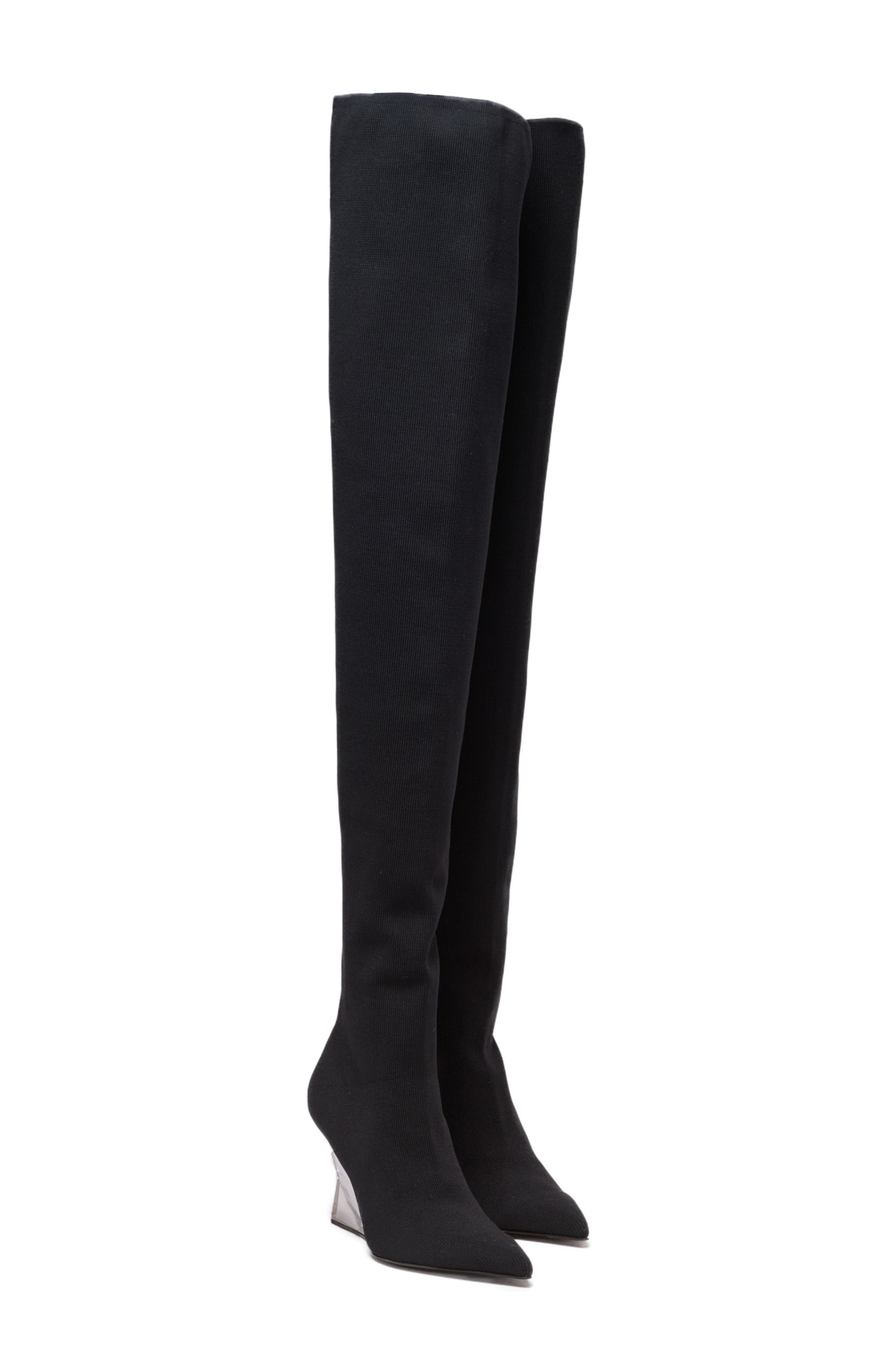 Balmain Wedge knit thigh-high boots, Main, color, Black