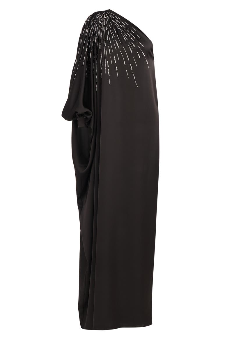 Chaya Beaded One-Shoulder Satin Gown, Alternate, color, BLACK