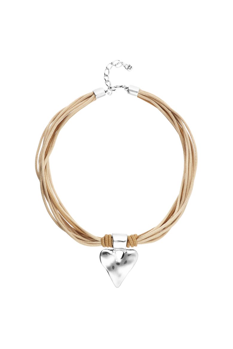 Silk Thread Blend Necklace With Leather And Heart Detail In Sterling Silver, Main, color, Silver/Beige