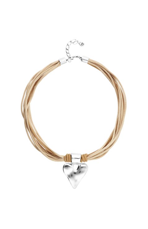 Silk Thread Blend Necklace With Leather And Heart Detail In Sterling Silver