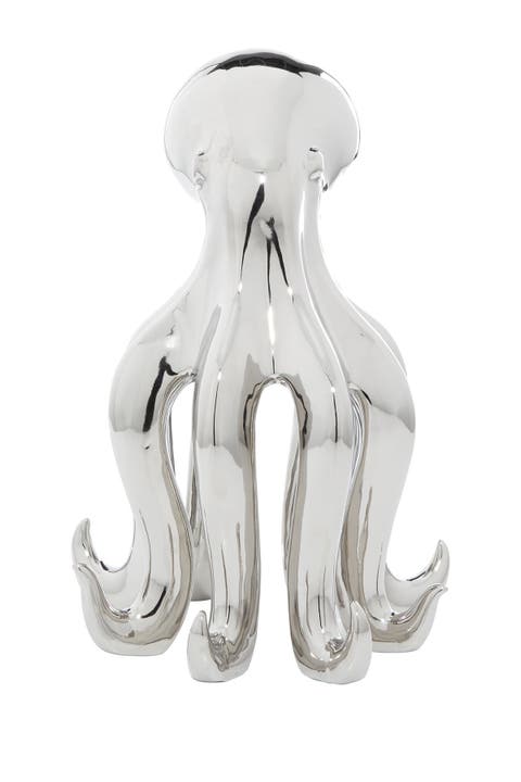 Silvertone Porcelain Tall Octopus Sculpture with Long Tentacles