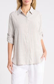 MAX STUDIO Striped Long Sleeve Button Front Shirt