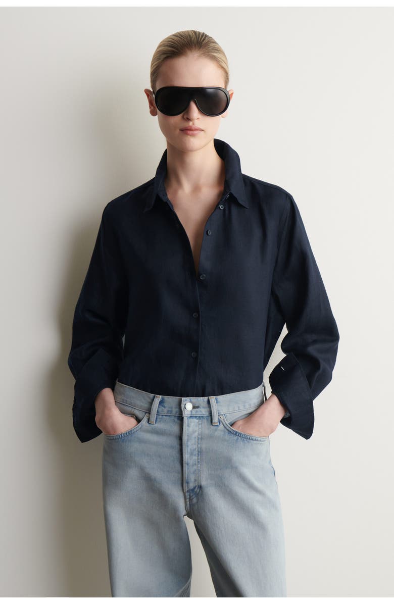 COS Button-down Collar Linen Shirt, Main, color, Navy