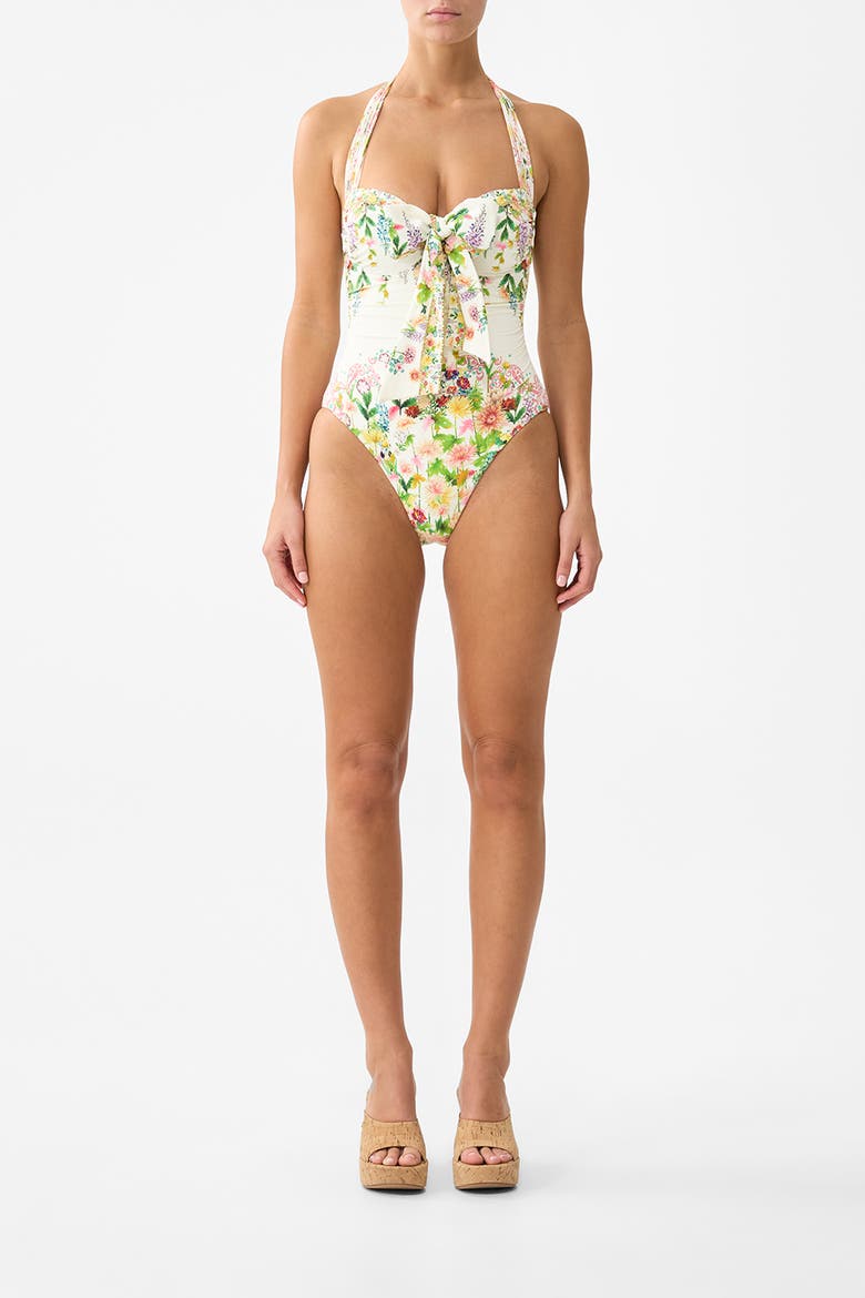 Bow Tie Gathered Underwire Halter One Piece, Main, color, The Call Of Catalonia