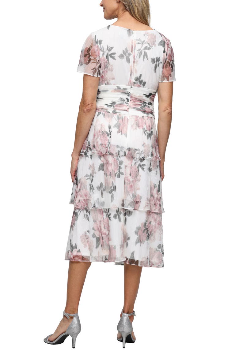 Floral Print Tiered Bodre Midi Dress, Alternate, color, IVORY MULT