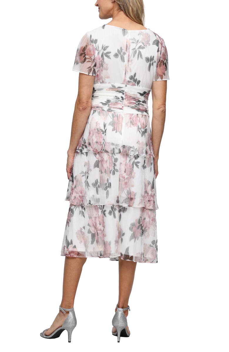 SL FASHIONS Floral Print Tiered Bodre Midi Dress, Alternate, color, Ivory Mult