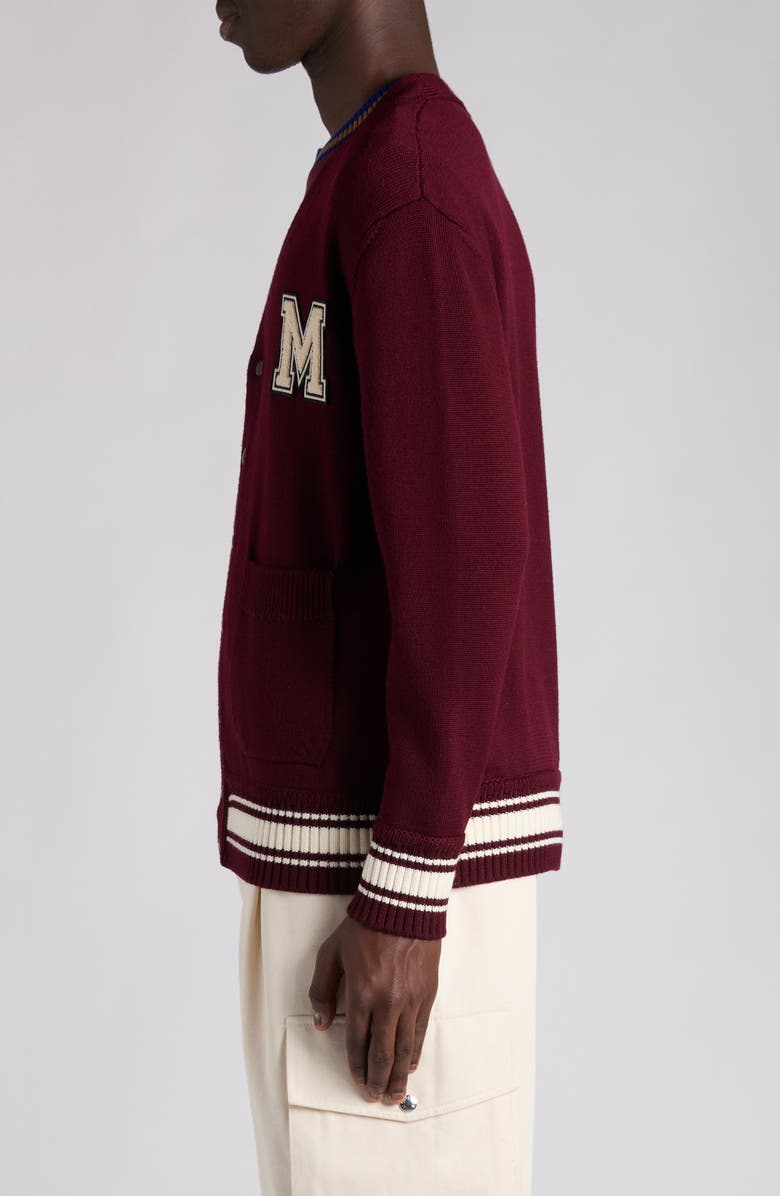 Moncler Monogram Patch Virgin Wool Cardigan, Alternate, color, Catawba Grape