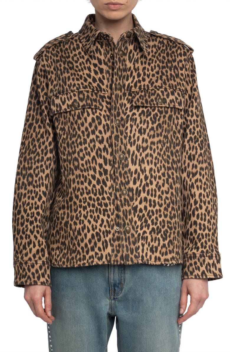 Zadig & Voltaire Taskam Leopard Print Denim Snap-Up Shirt, Main, color, 
