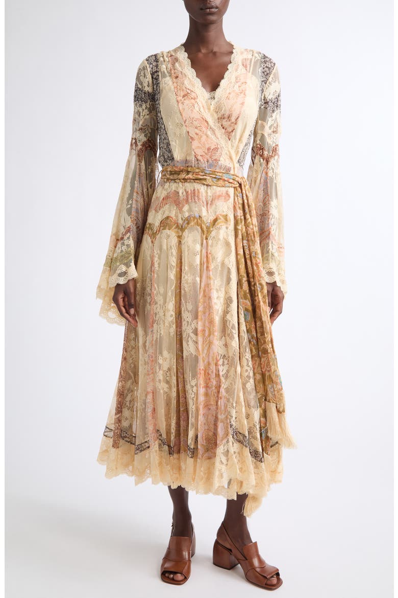 Zimmermann Valiant Floral Long Sleeve Silk & Lace Wrap Dress (Women)