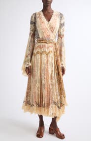 Zimmermann Valiant Floral Long Sleeve Silk & Lace Wrap Dress