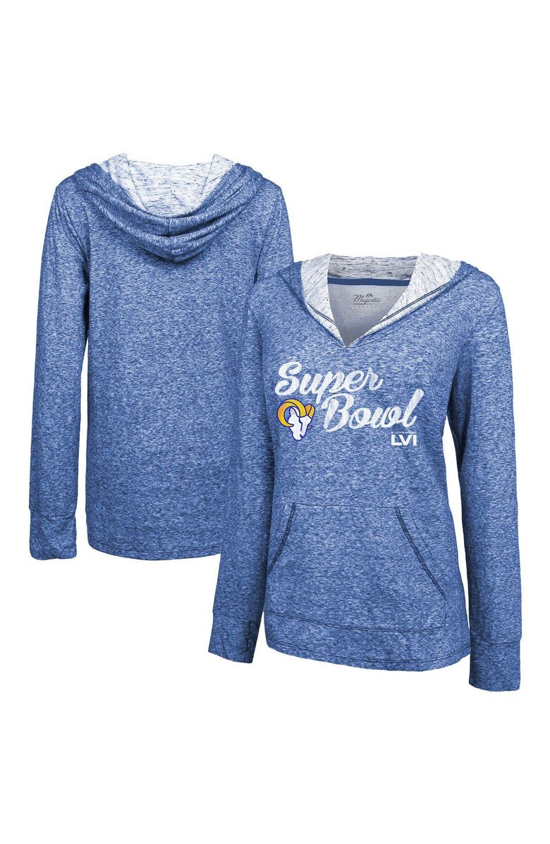 Majestic Threads Women's Majestic Threads Heathered Royal Los Angeles Rams Super Bowl LVI Bound Arrival Slub V-Neck Pullover Hoodie, Main, color, 