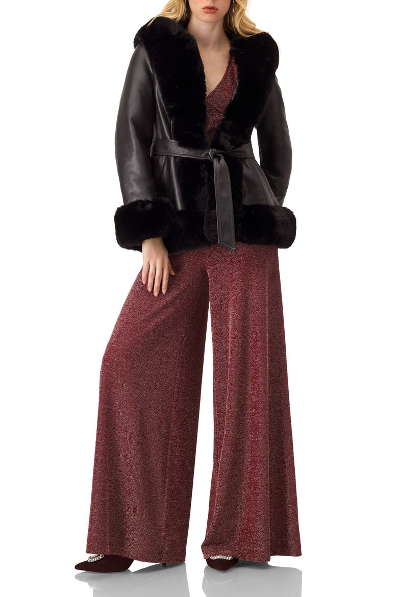 Shimmering V-Neck Jumpsuit with 3/4 Sleeves, Alternate, color, Wine