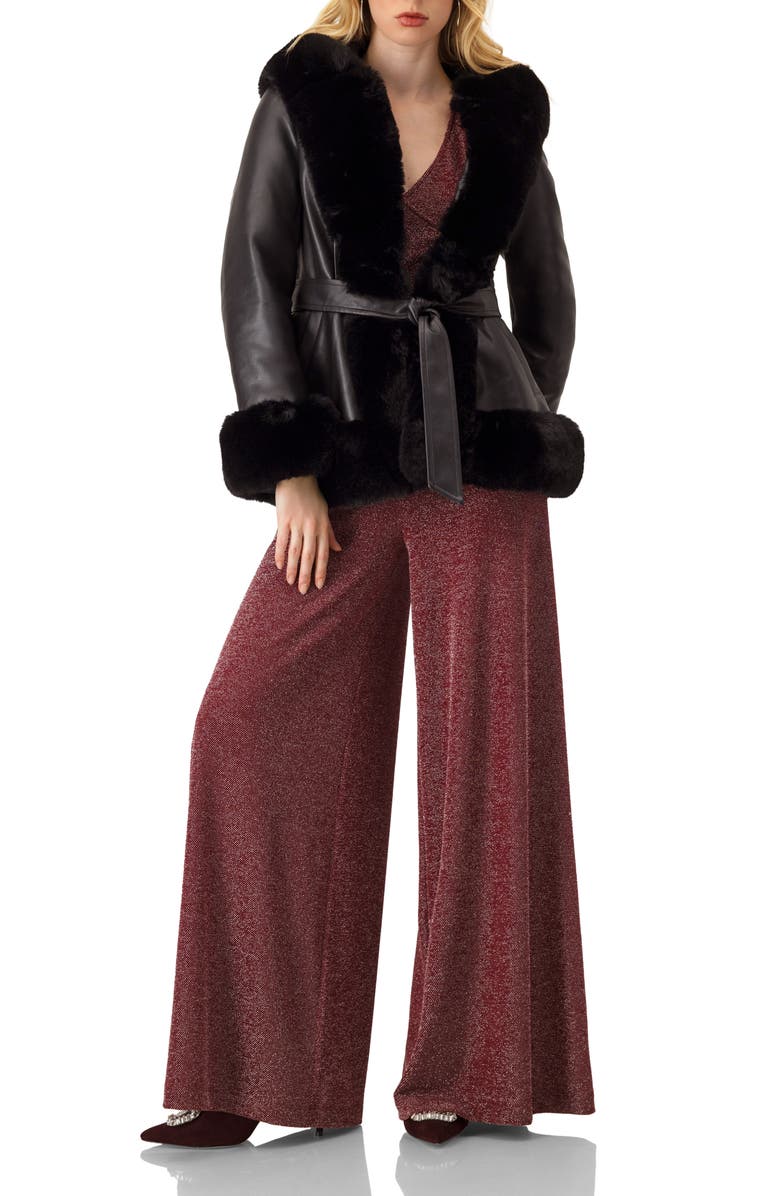 IVONNE Shimmering V-Neck Jumpsuit with 3/4 Sleeves, Alternate, color, Wine