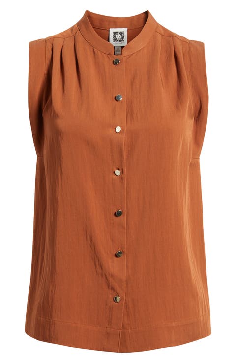 Pleated Sleeveless Button-Up Shirt (Regular & Petite)