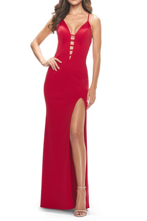 Fitted Matte Jersey Gown with Unique Deep V Neckline