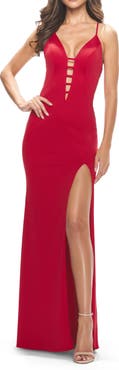 La Femme Fitted Matte Jersey Gown with Unique Deep V Neckline