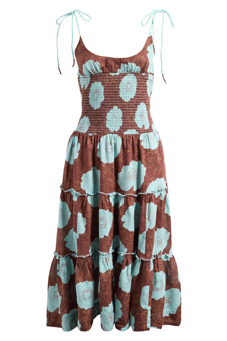 Adriel Tie Strap Tiered Midi Dress, Alternate, color, NUTMEG COMBO