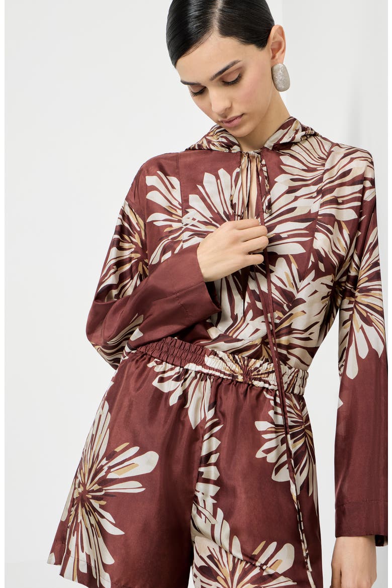 Bloom print pongee shirt, Alternate, color, Bordeaux