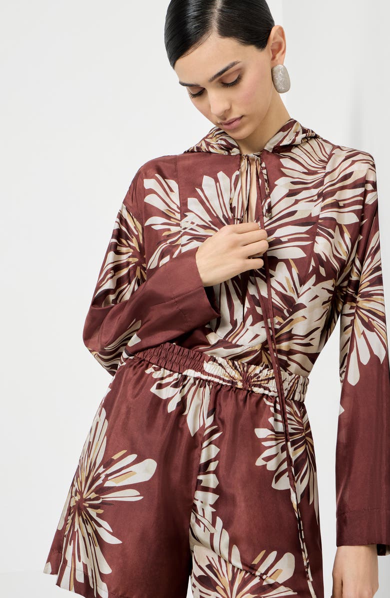 Brunello Cucinelli Bloom print pongee shirt, Alternate, color, Bordeaux