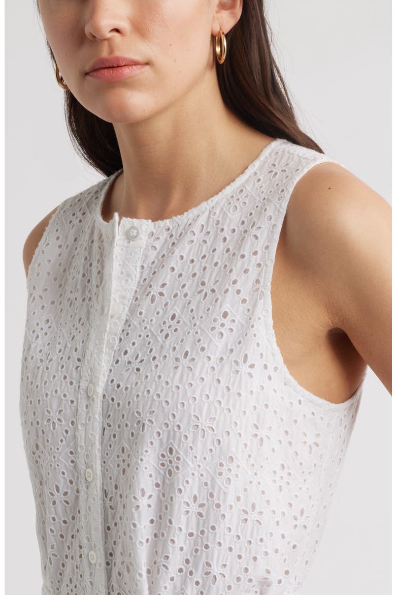 Sleeveless Cotton Eyelet Belted Dress, Alternate, color, WHITE