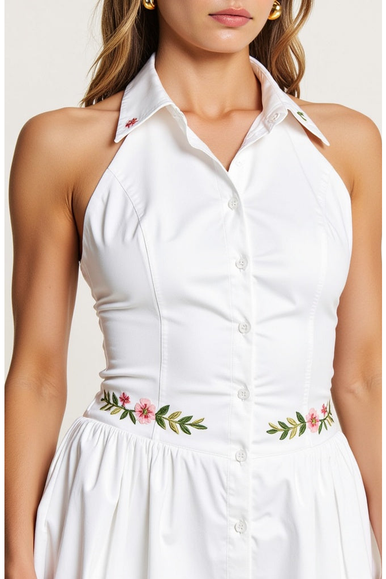 Embroidered Waist Button-Front Halter Mini Dress with Smocked Open Back, Alternate, color, White