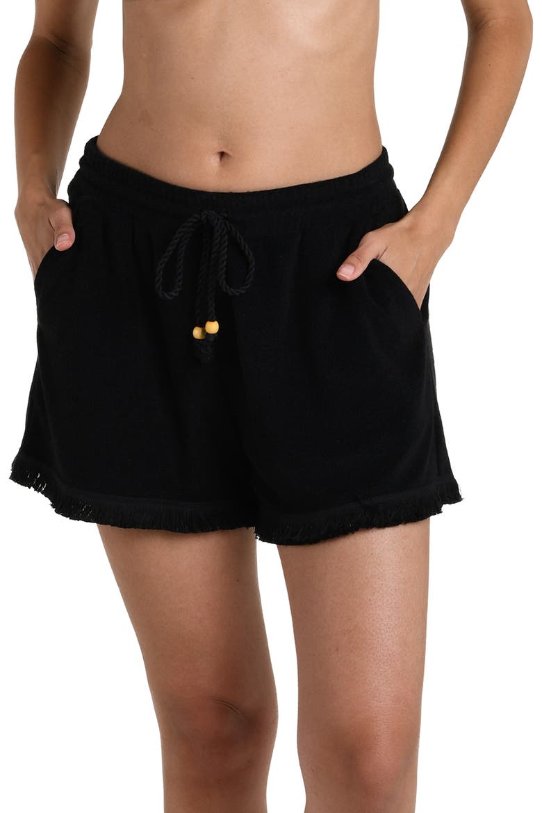 Wild Beach Fringe Drawstring Shorts, Main, color, BLACK