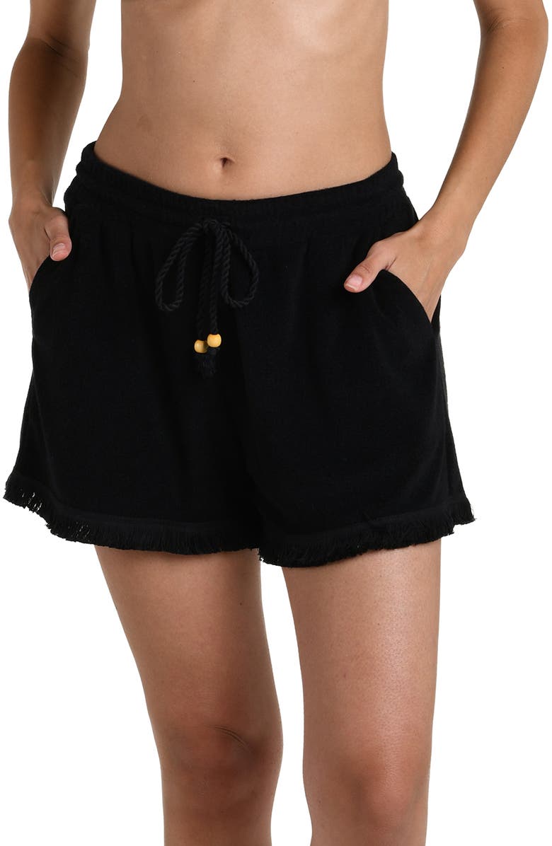 La Blanca Wild Beach Fringe Drawstring Shorts, Main, color, Black