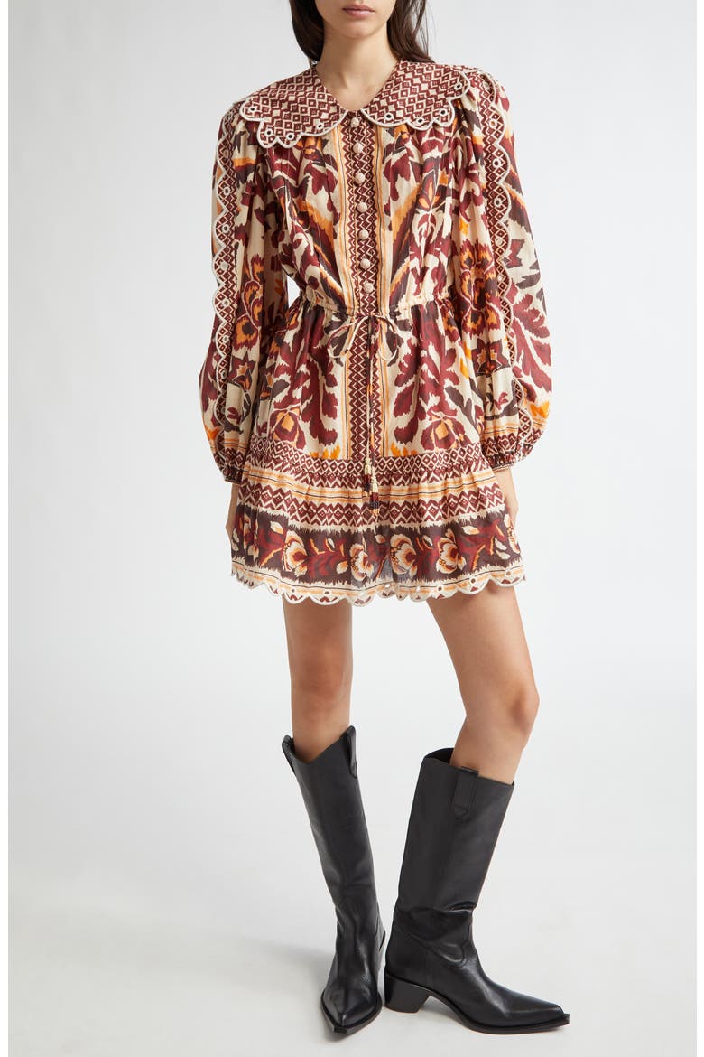 Long Sleeve Button Front Minidress, Main, color, TOUCANS SCARF CREAM