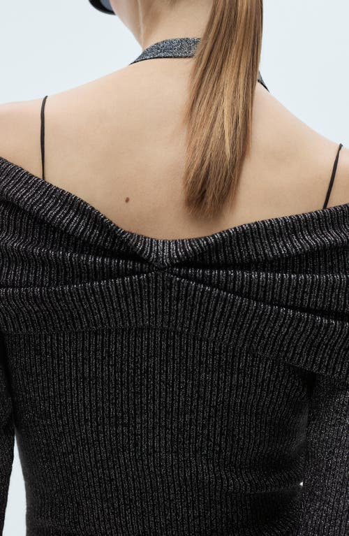 Mango Metallic Off The Shoulder Sweater In Grey