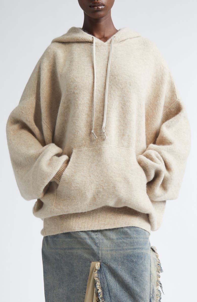 Rick Owens Hun Alpaca & Wool Blend Sweater Hoodie, Main, color, Dust
