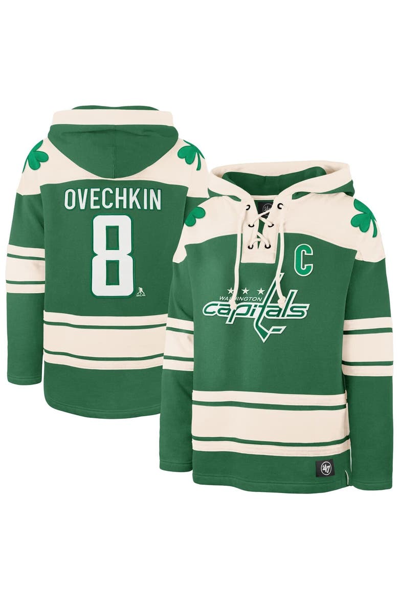 Men's '47 Alexander Ovechkin Kelly Green Washington Capitals St. Patrick's Day Player Name & Number Lacer Pullover Hoodie, Main, color, Kelly Green
