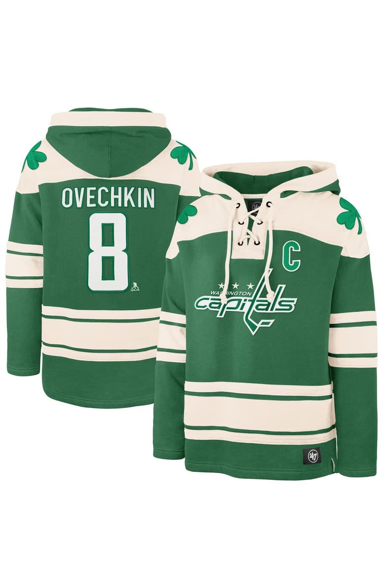 '47 Men's '47 Alexander Ovechkin Kelly Green Washington Capitals St. Patrick's Day Player Name & Number Lacer Pullover Hoodie, Main, color, Kelly Green