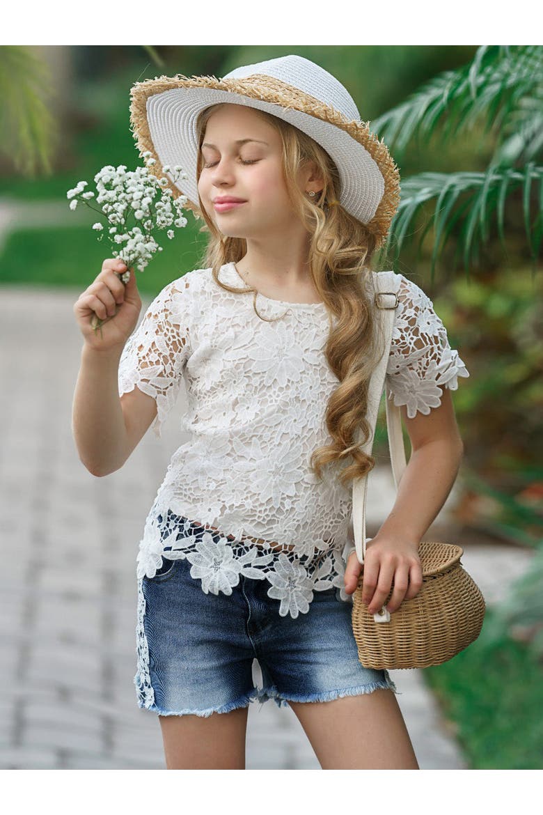 Girls Lovely In Lace Denim Shorts Set, Alternate, color, Beige