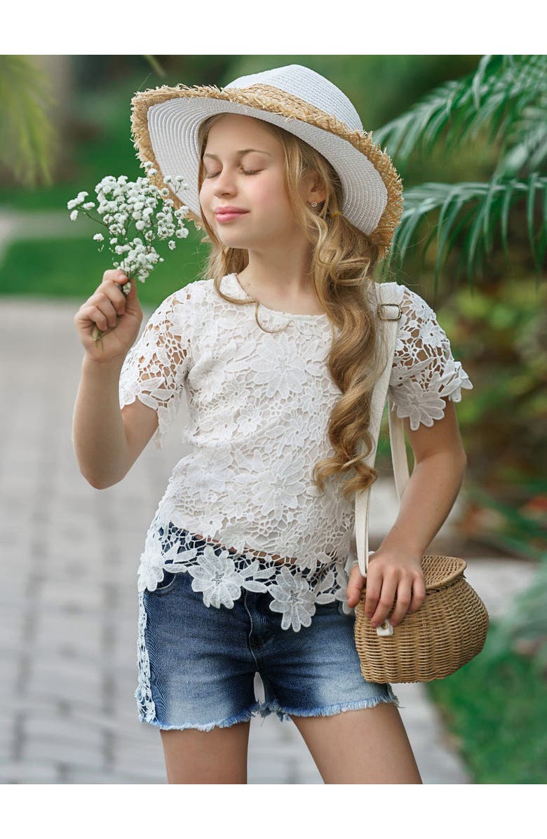 Mia Belle Girls Girls Lovely In Lace Denim Shorts Set, Alternate, color, Beige