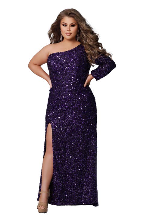One-Shoulder Long Sleeve Sequin Plus Size Gown