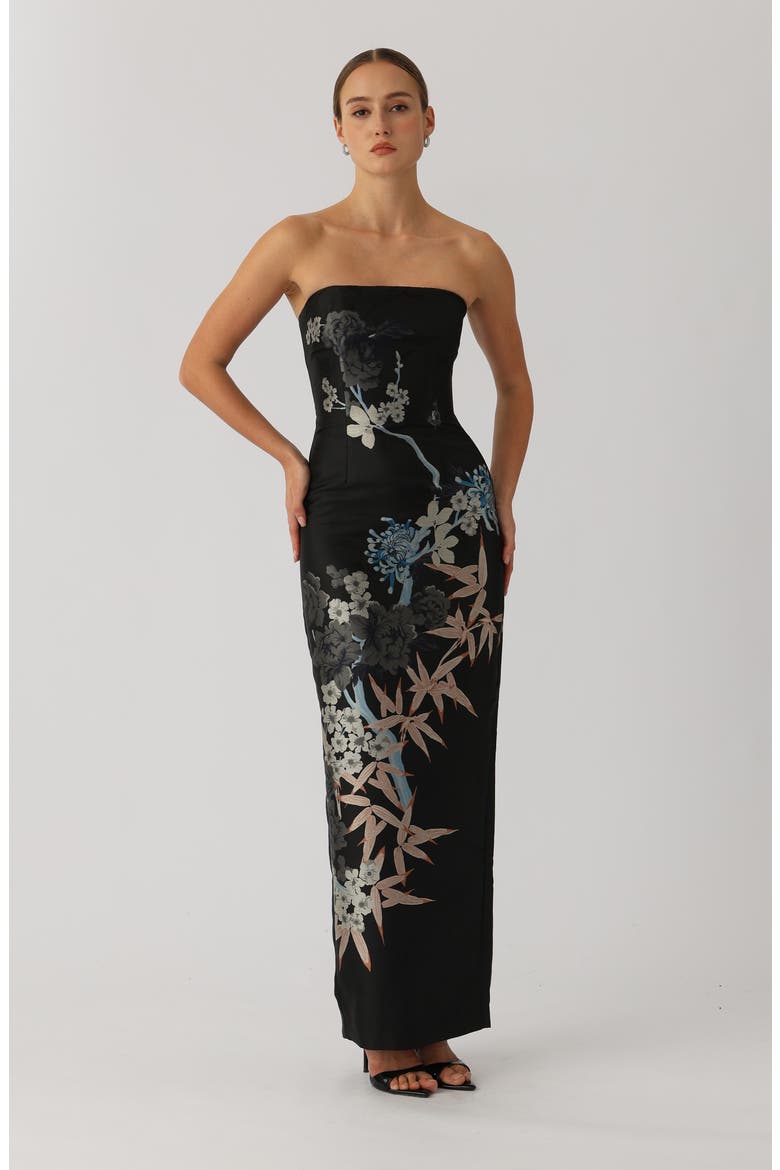 Ilsa Strapless Jacquard Sheath Gown, Alternate, color, BLACK MULTI