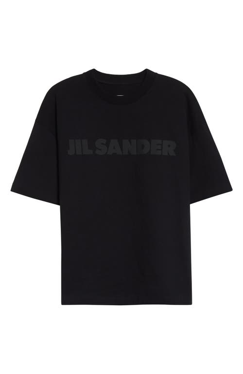 Jil Sander Round Neck Black Cotton T-shirt With Tonal Logo Print In Black