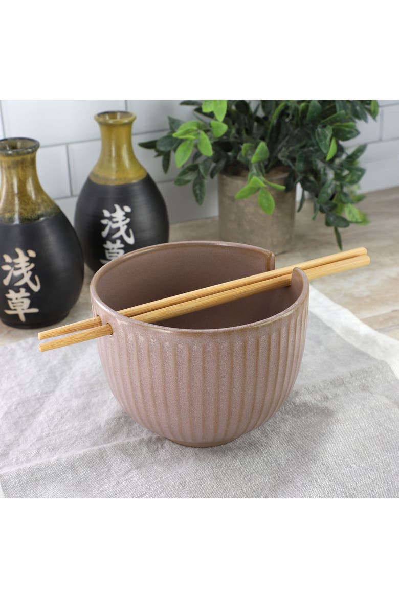 Stoneware Noodle Bowl with Chopsticks in Pale Mauve, Alternate, color, Pink