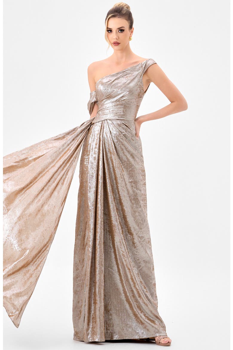 Ginnie Draped Sash Gown, Alternate, color, SILVER