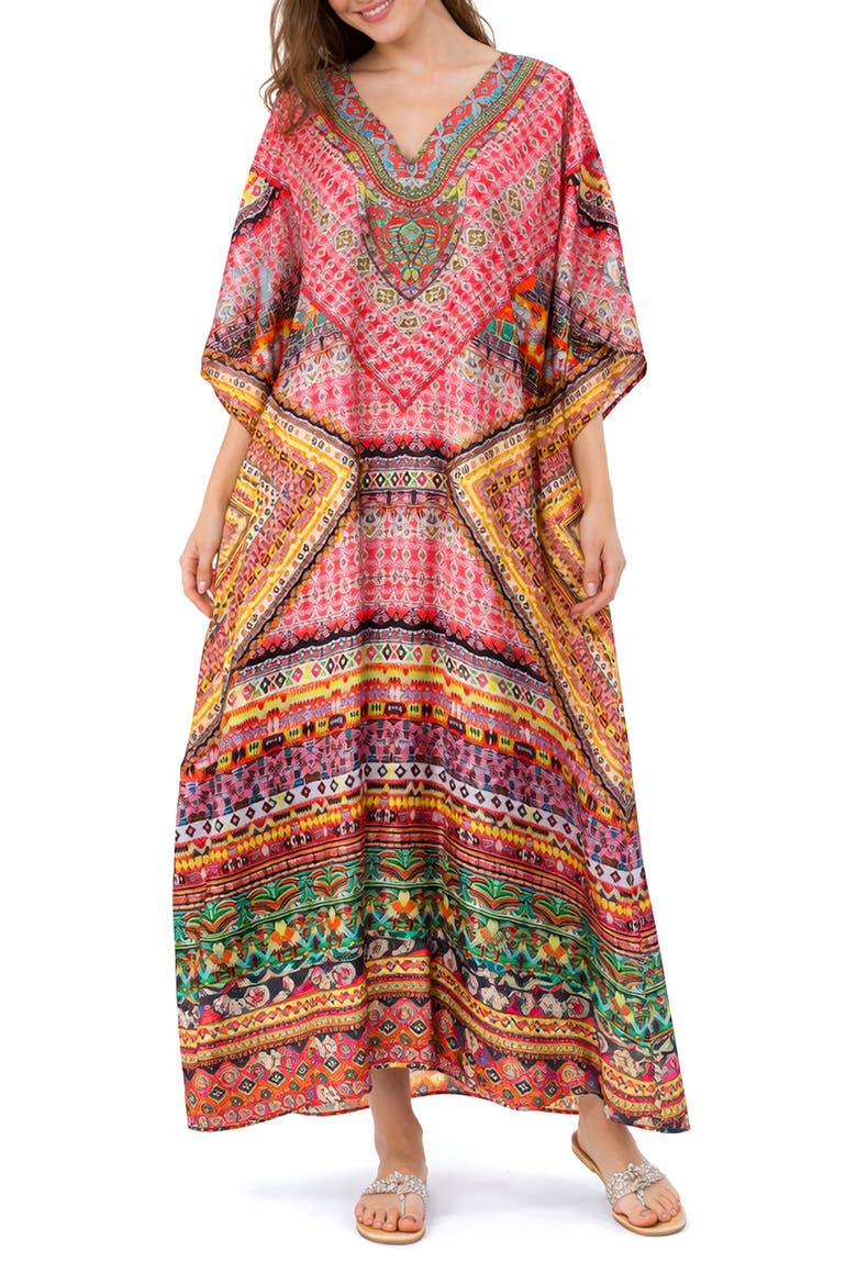 Print V-Neck Maxi Caftan, Main, color, PINK