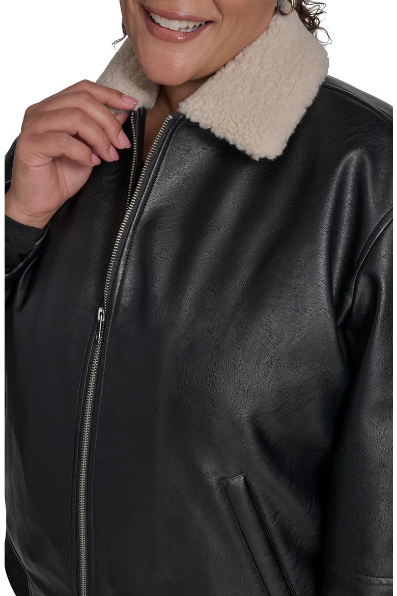 Faux Leather Bomber Jacket with Faux Shearling Collar, Alternate, color, BLACK