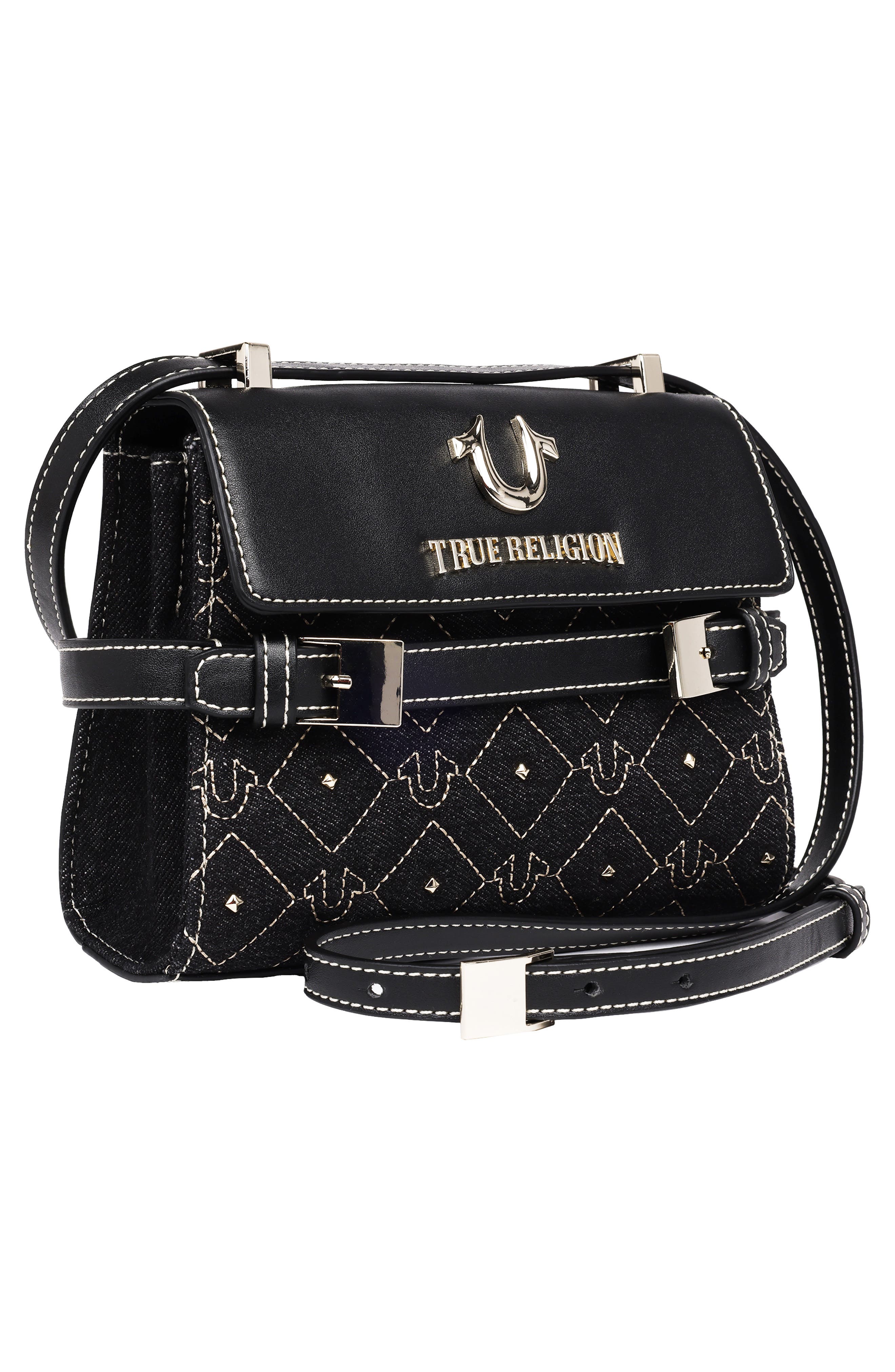 True Religion Studded Denim & Faux Leather Tote Bag, Alternate, color, Black