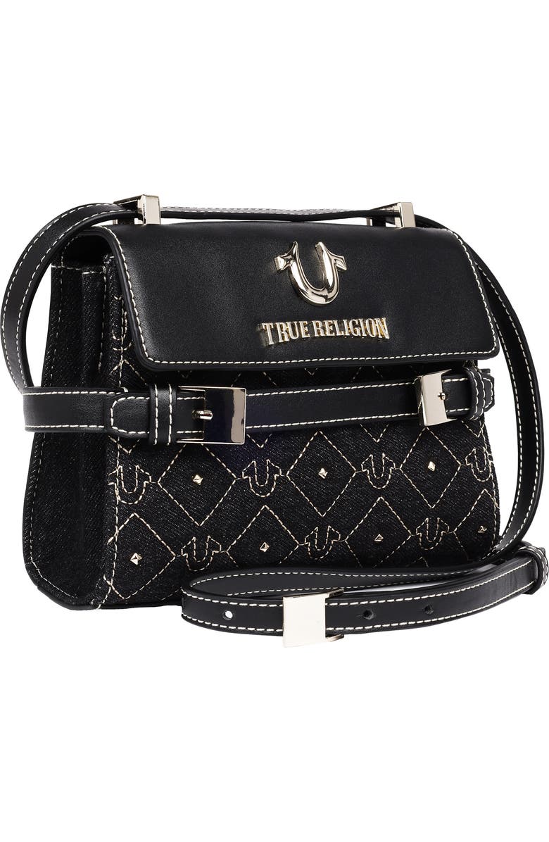 True Religion Studded Denim & Faux Leather Tote Bag, Alternate, color, Black