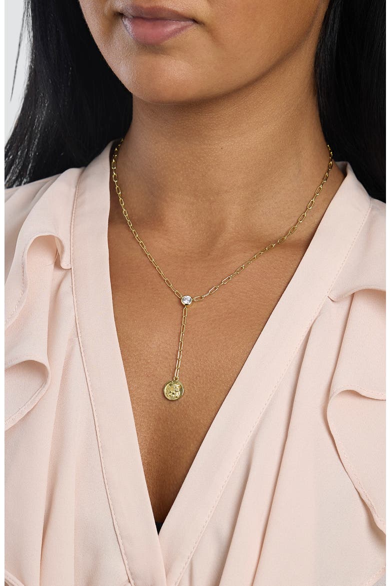 Cubic Zircoina Angel Coin Y-Necklace, Alternate, color, GOLD
