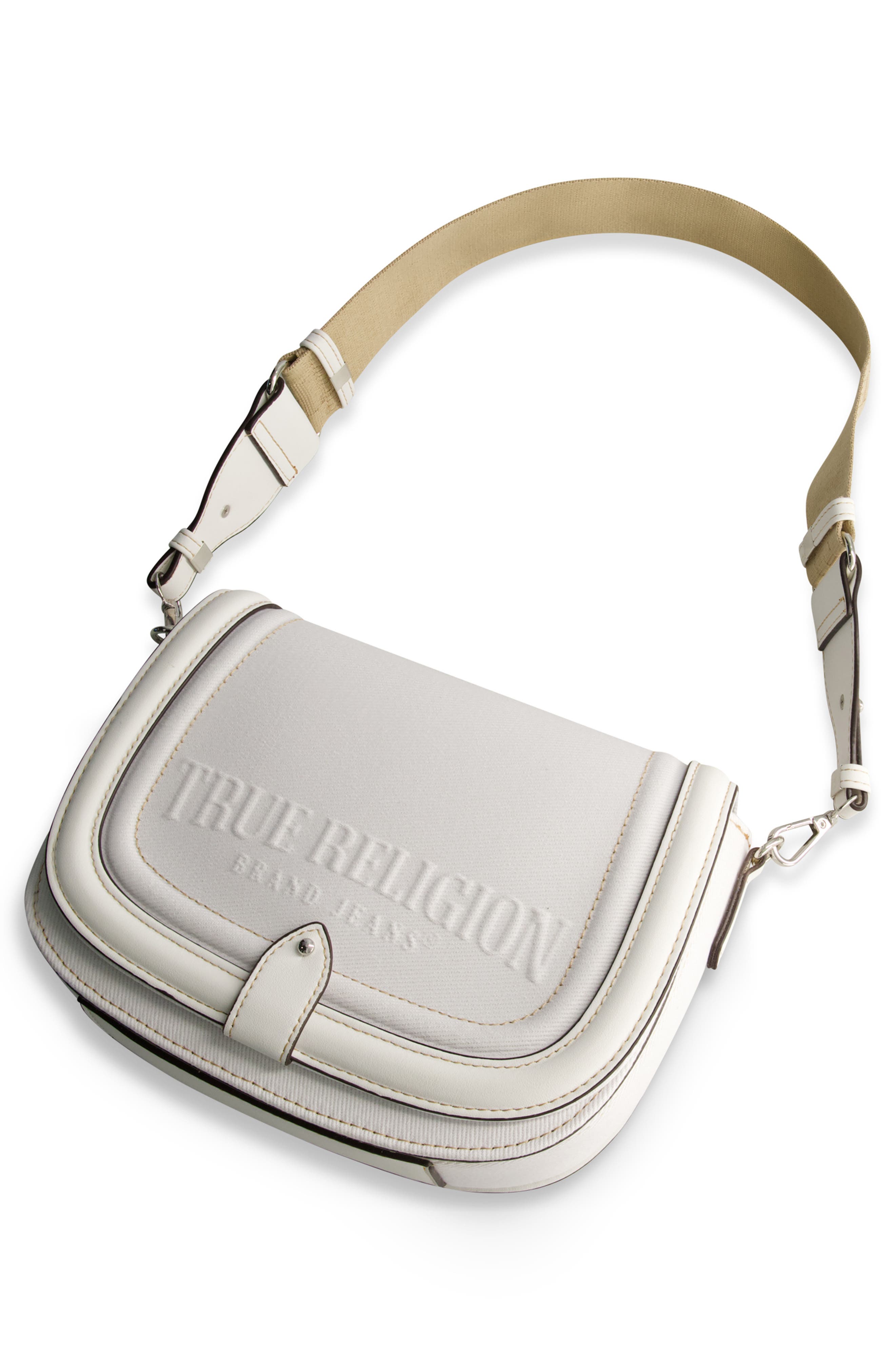 Distressed Logo Denim Saddle Bag, Alternate, color, WHITE