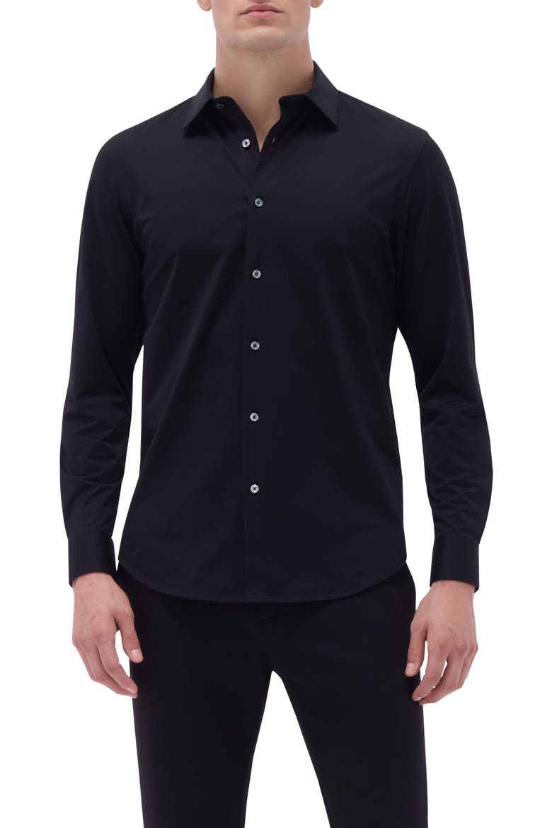 OoohCotton® Solid Button-Up Shirt, Main, color, BLACK