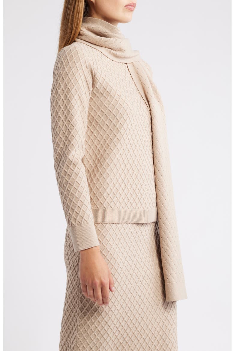 Diamond Stitch Scarf Mock Neck Sweater, Alternate, color, LATTE