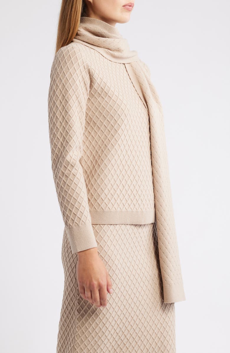 Anne Klein Diamond Stitch Scarf Mock Neck Sweater, Alternate, color, Latte